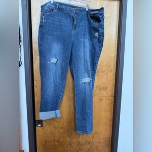 Avenue Mid/Dark Blue Cropped Distressed Cuffed Jeans some sequins & pearls